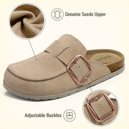 KIDMI Genuine Suede Clogs for Women Cork Footbed Leather Mules Slip On with Comfort Memory Foam and Adjustable Buckle