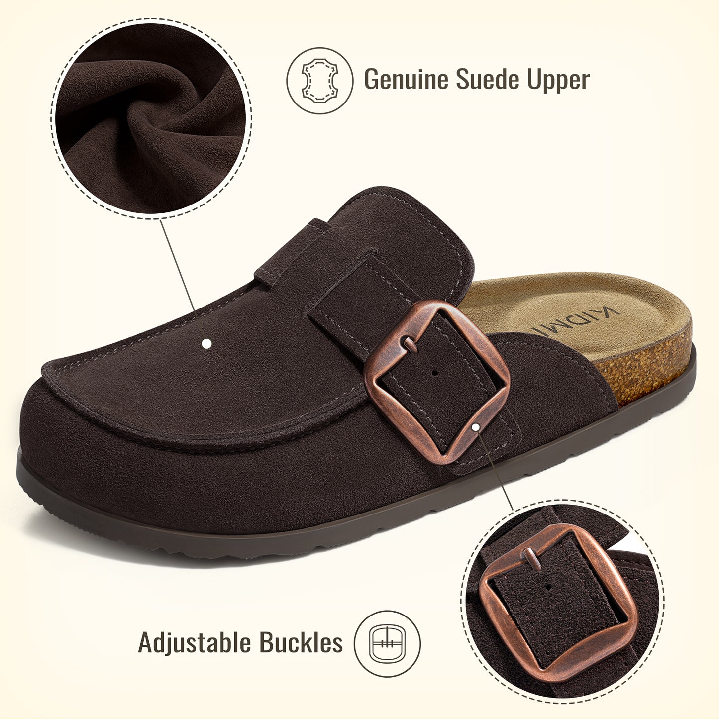 KIDMI Genuine Suede Clogs for Women Cork Footbed Leather Mules Slip On with Comfort Memory Foam and Adjustable Buckle