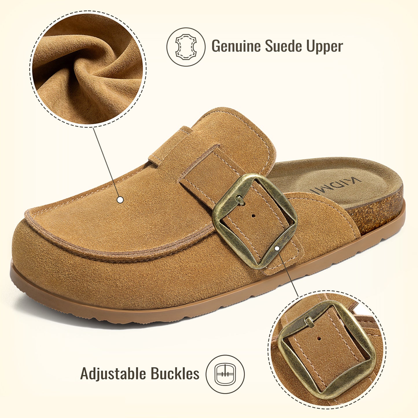 KIDMI Genuine Suede Clogs for Women Cork Footbed Leather Mules Slip On with Comfort Memory Foam and Adjustable Buckle