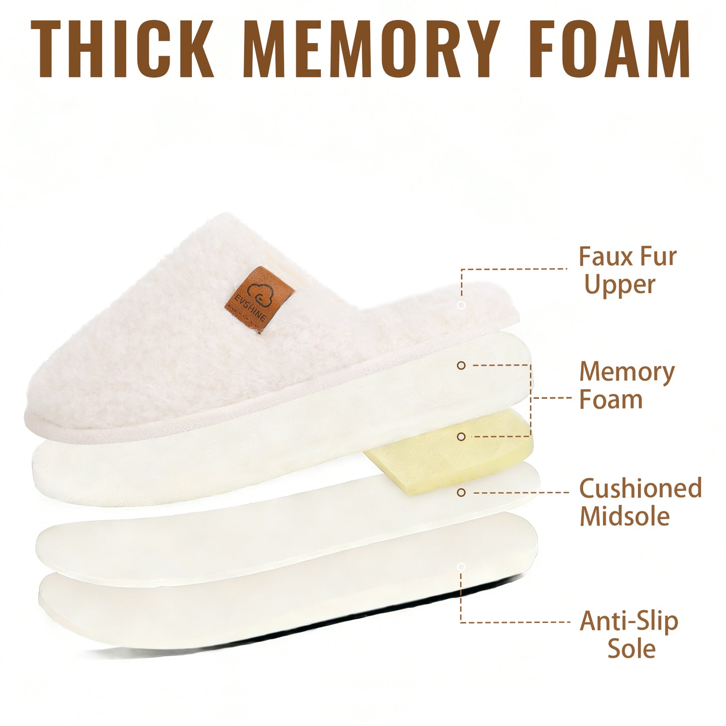 Comwarm Fuzzy Slippers for Women, Cozy Warm Winter Memory Foam Slip On House Shoes for Indoor and Outdoor, Light Brown