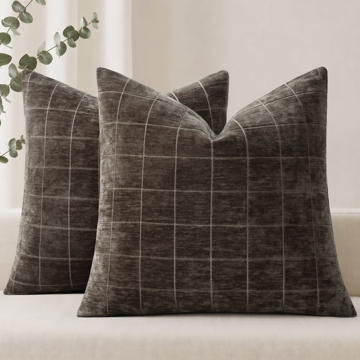 decorUhome Chenille Plaid Throw Pillow Covers 18x18 Set of 2