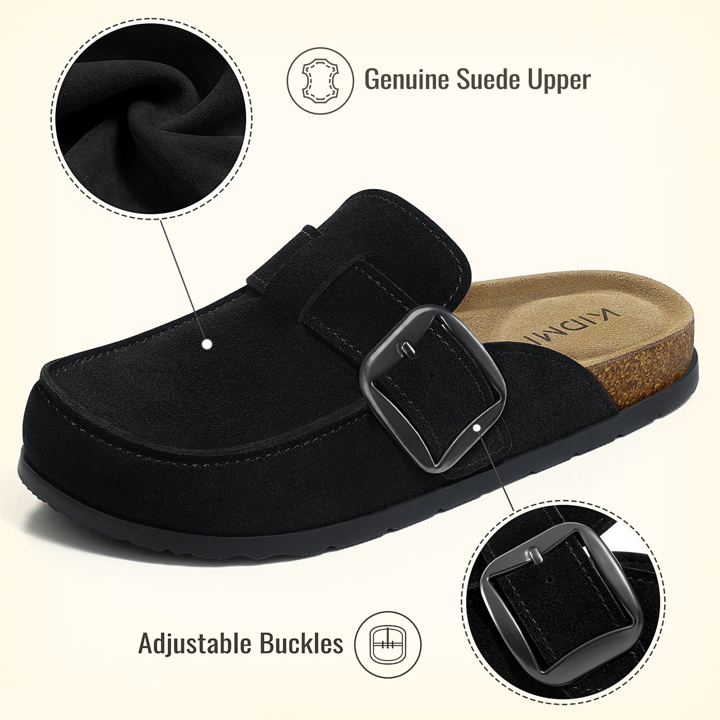 KIDMI Genuine Suede Clogs for Women Cork Footbed Leather Mules Slip On with Comfort Memory Foam and Adjustable Buckle