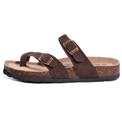 Litfun Women's Genuine Suede Cork Footbed Sandals Comfortable Summer Slides with Adjustable Buckle