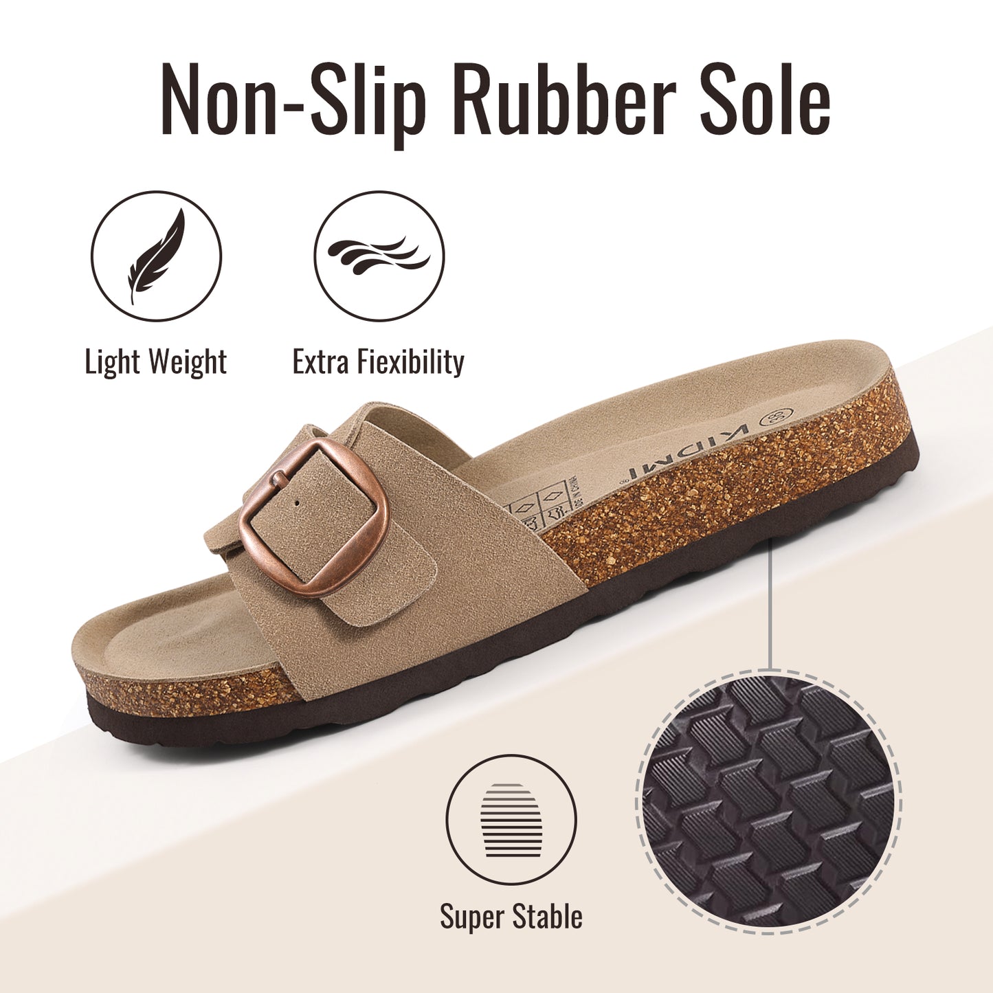 KIDMI Genuine Suede Cork Footbed Sandals for Women Comfortable Summer Slides with Buckle