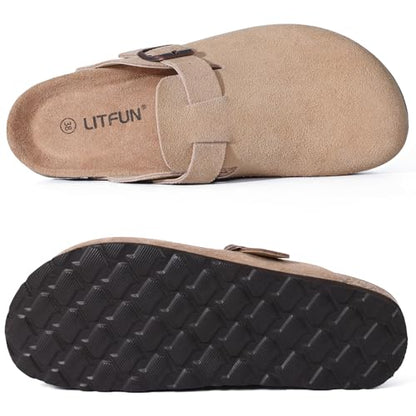 Litfun Suede Clogs for Women Cork Footbed Leather Sandals Arch Support Potato Shoes with Adjustable Buckle