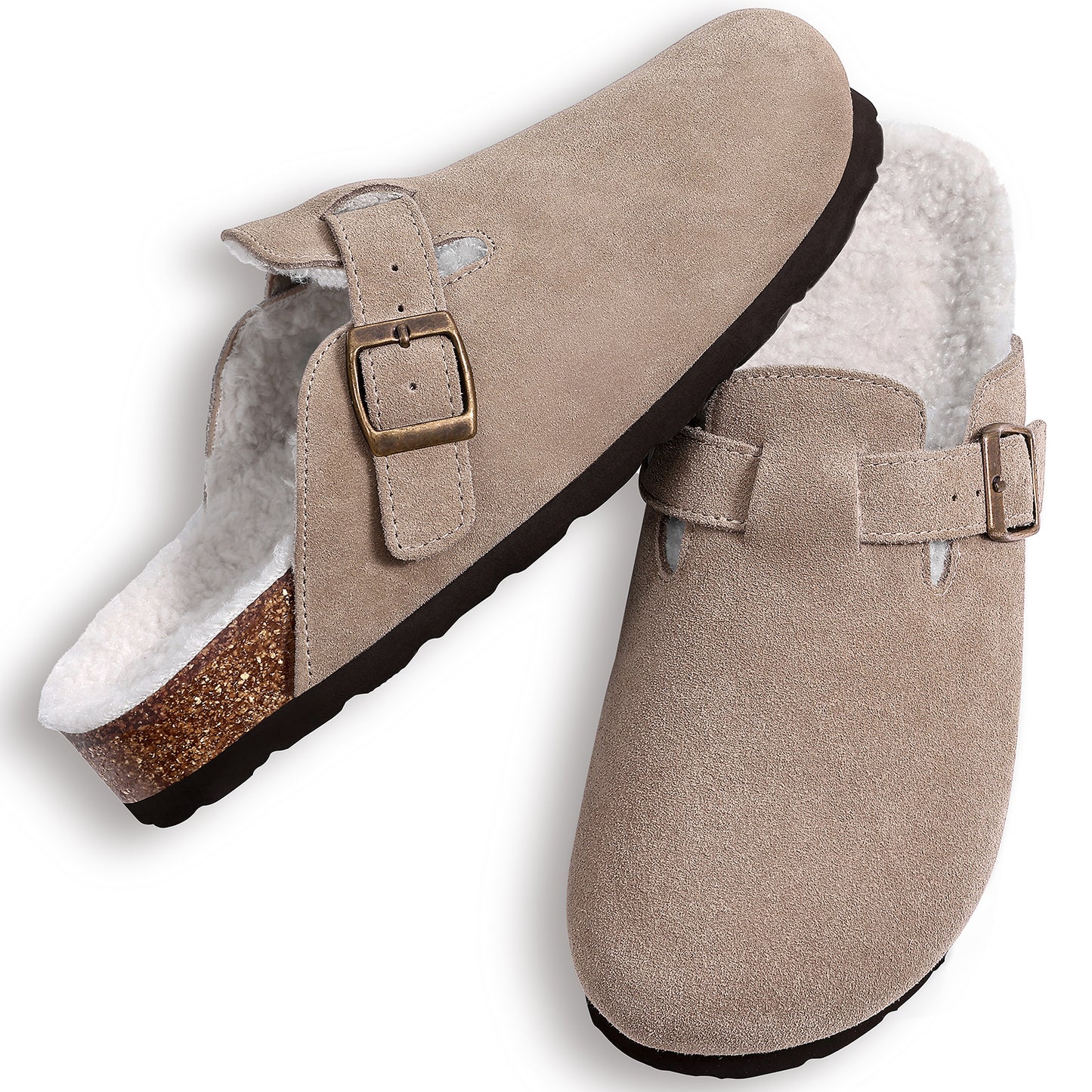 KIDMI Women's Fur Lined Suede Clogs Fuzzy Cork Footbed Mules Slip On Winter Potato Shoes
