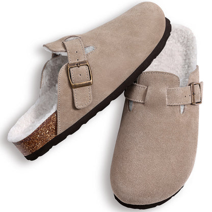 KIDMI Women's Fur Lined Suede Clogs Fuzzy Cork Footbed Mules Slip On Winter Potato Shoes