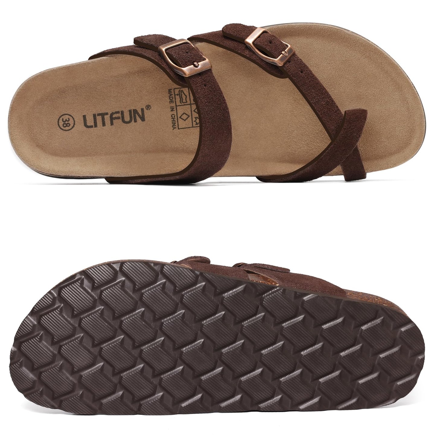 Litfun Women's Genuine Suede Cork Footbed Sandals Comfortable Summer Slides with Adjustable Buckle