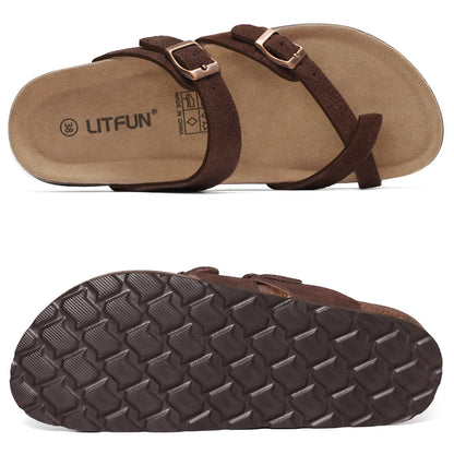 Litfun Women's Genuine Suede Cork Footbed Sandals Comfortable Summer Slides with Adjustable Buckle