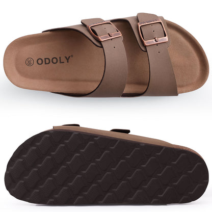 Comwarm Women's Cork Footbed Slide Sandals, Comfortable Flat Sandals with Adjustable Buckle, Apricot