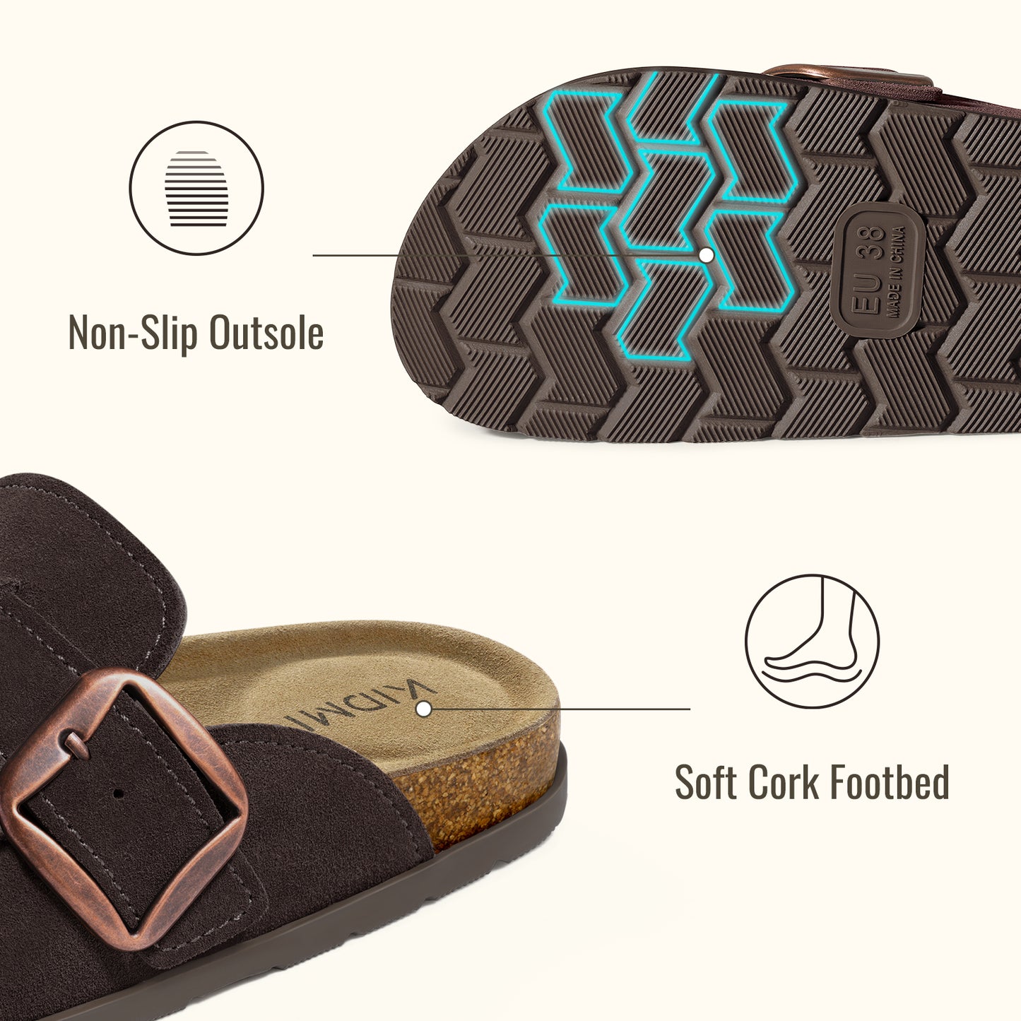 KIDMI Genuine Suede Clogs for Women Cork Footbed Leather Mules Slip On with Comfort Memory Foam and Adjustable Buckle