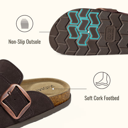 KIDMI Genuine Suede Clogs for Women Cork Footbed Leather Mules Slip On with Comfort Memory Foam and Adjustable Buckle