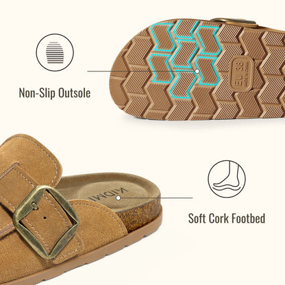 KIDMI Genuine Suede Clogs for Women Cork Footbed Leather Mules Slip On with Comfort Memory Foam and Adjustable Buckle