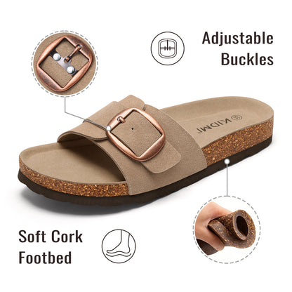 KIDMI Genuine Suede Cork Footbed Sandals for Women Comfortable Summer Slides with Buckle
