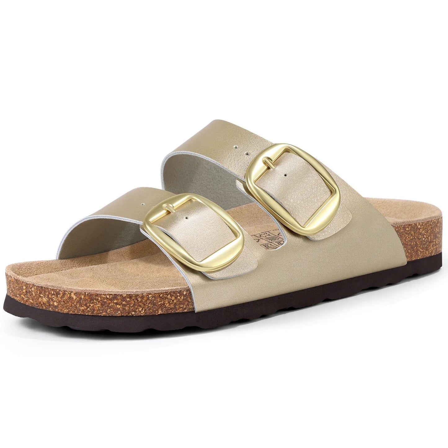 Litfun Unisex Cork Footbed Slide Sandals with Adjustable Buckles Summer Leather Flat Sandals for Women, Brown