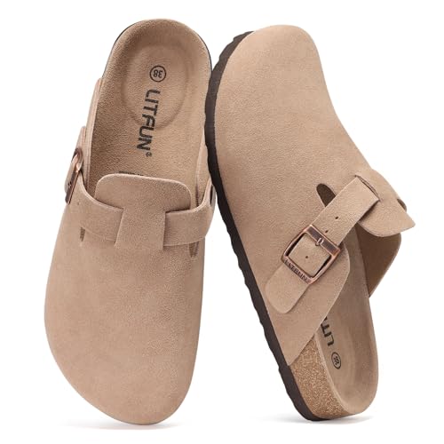 Litfun Suede Clogs for Women Cork Footbed Leather Sandals Arch Support Potato Shoes with Adjustable Buckle