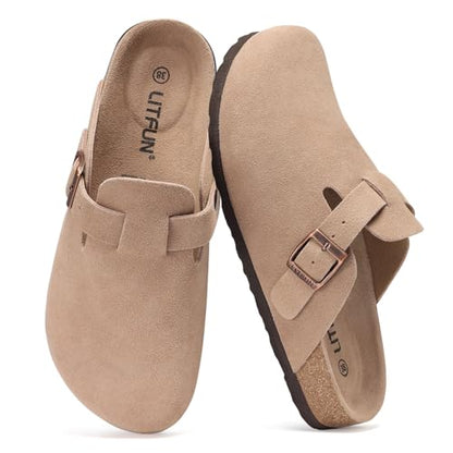 Litfun Suede Clogs for Women Cork Footbed Leather Sandals Arch Support Potato Shoes with Adjustable Buckle