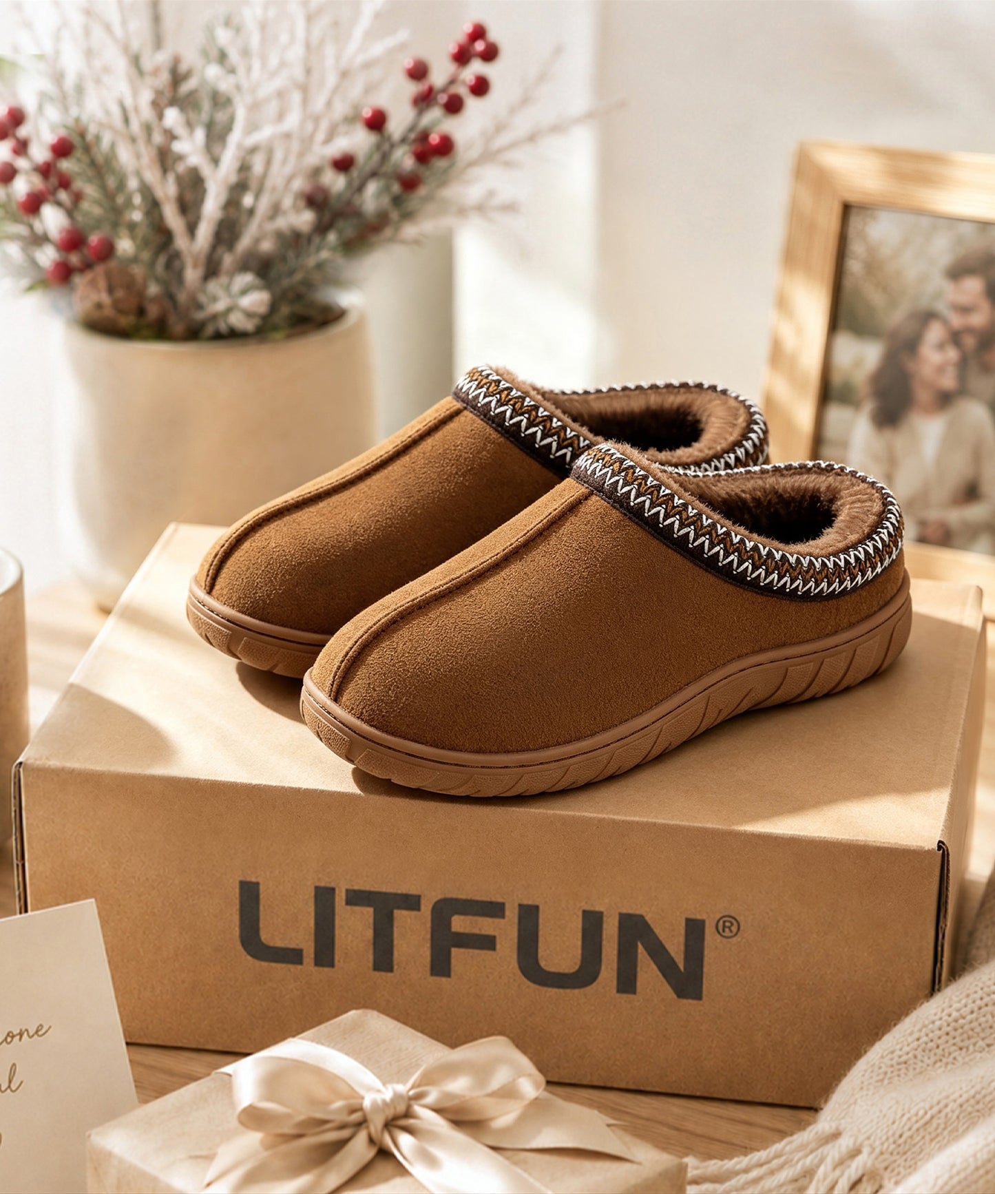 Litfun Men's Memory Foam Fuzzy Slippers Indoor Outdoor Comfy House Shoes Slip on