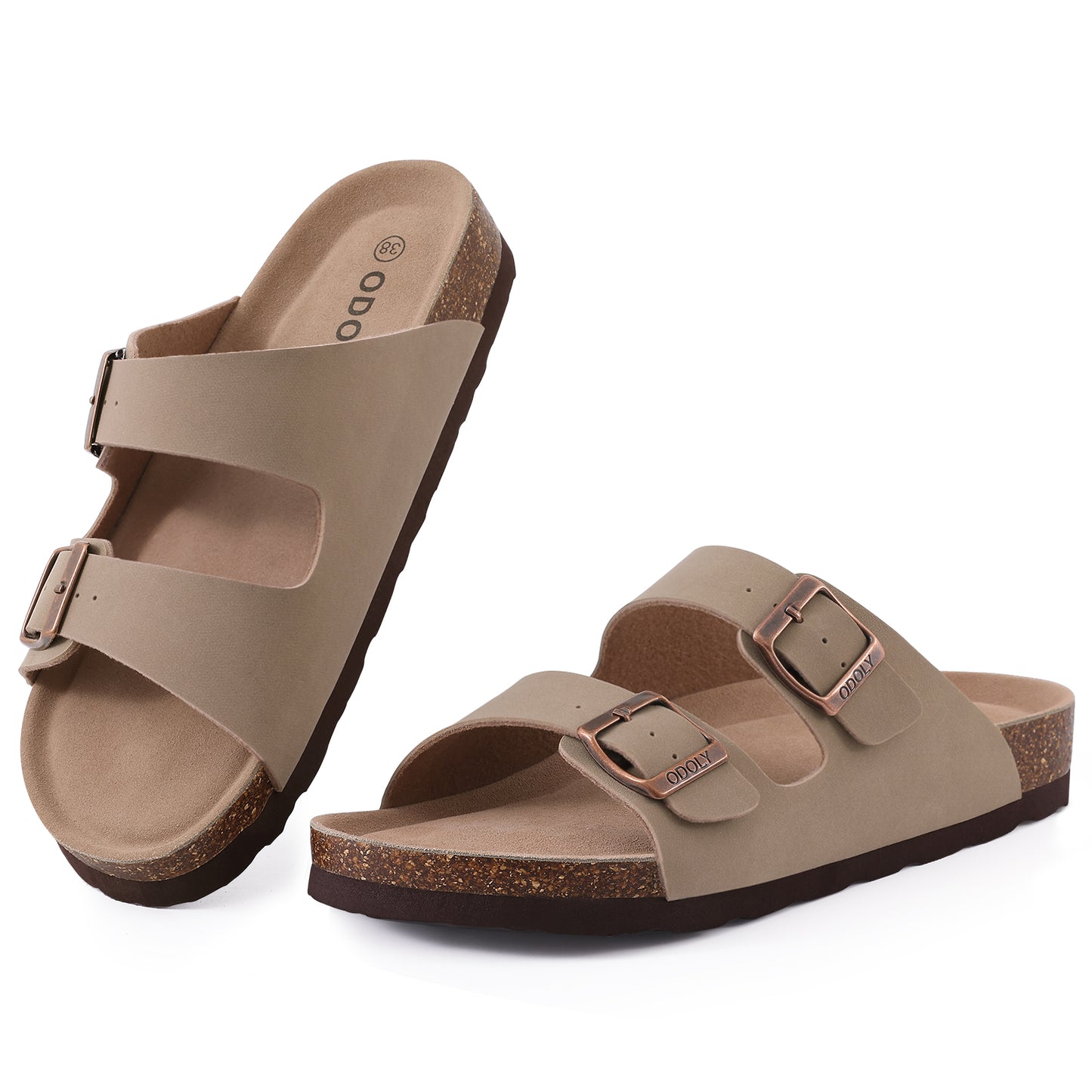 Comwarm Women's Cork Footbed Slide Sandals, Comfortable Flat Sandals with Adjustable Buckle, Apricot