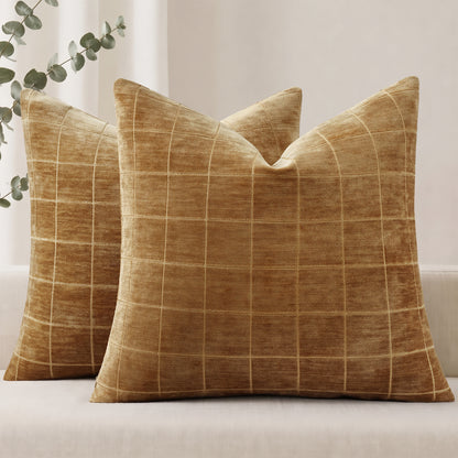 decorUhome Chenille Plaid Throw Pillow Covers 18x18 Set of 2