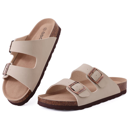 Comwarm Women's Cork Footbed Slide Sandals, Comfortable Flat Sandals with Adjustable Buckle, Apricot
