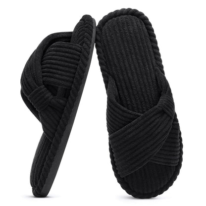 Litfun Women's Open Toe Slippers Corduroy Cross Bow