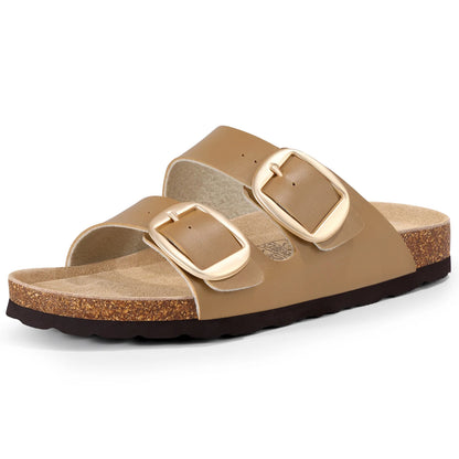 Litfun Unisex Cork Footbed Slide Sandals with Adjustable Buckles Summer Leather Flat Sandals for Women, Brown