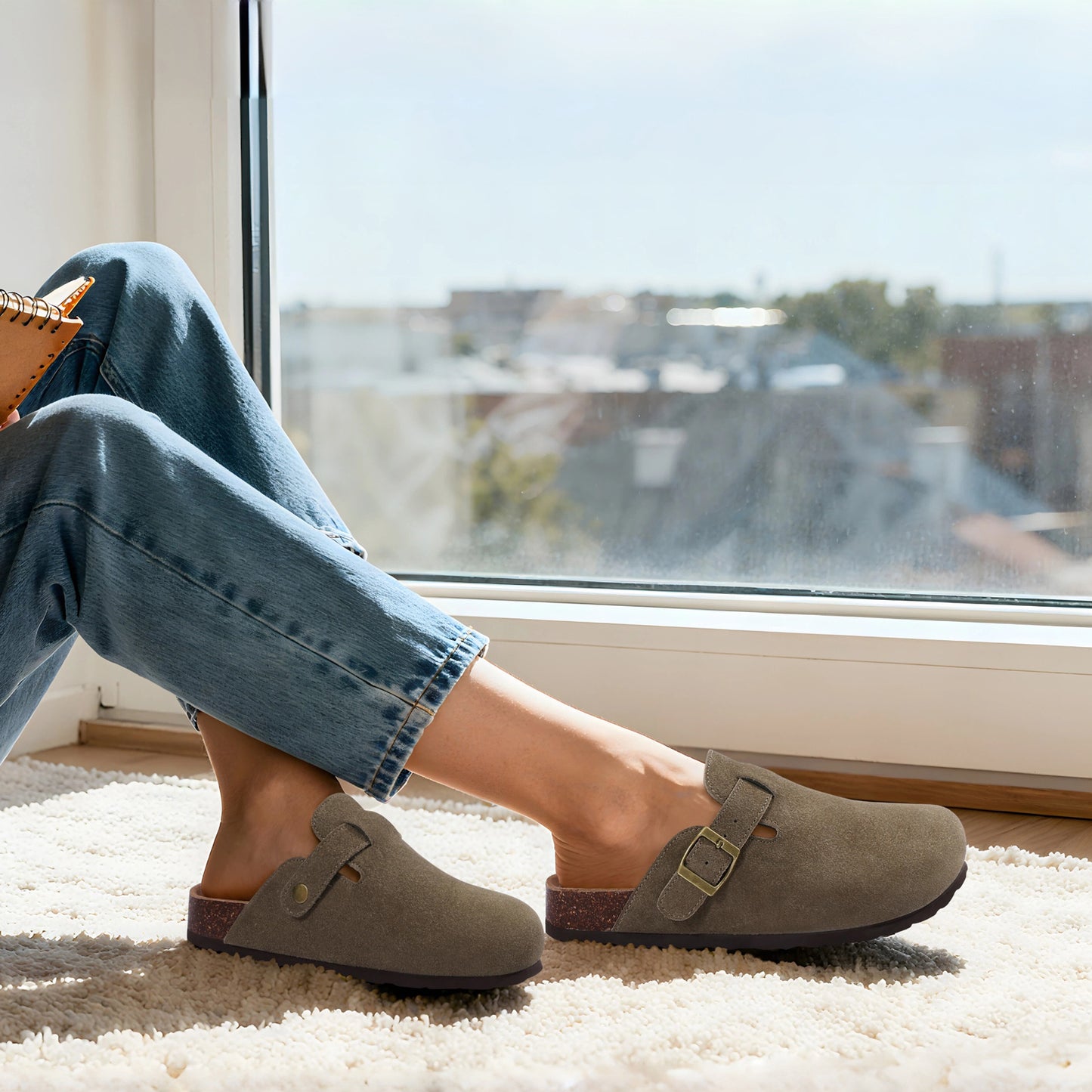KIDMI Genuine Suede Clogs for Women Men Cork Footbed Sandals Leather Mules Potato Shoes with Arch Support