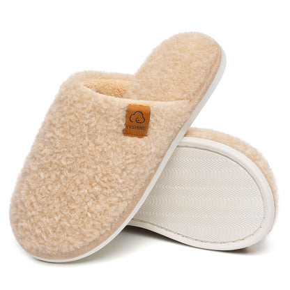 Comwarm Fuzzy Slippers for Women, Cozy Warm Winter Memory Foam Slip On House Shoes for Indoor and Outdoor, Light Brown