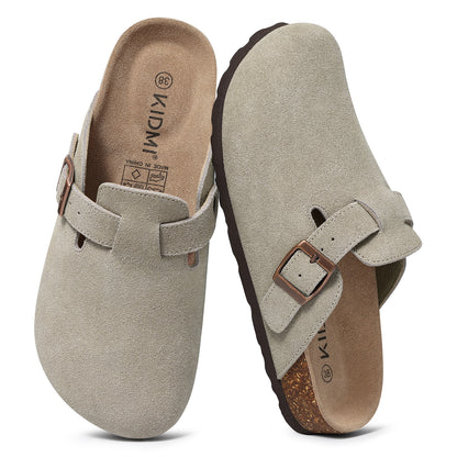 KIDMI Genuine Suede Clogs for Women Men Cork Footbed Sandals Leather Mules Potato Shoes with Arch Support