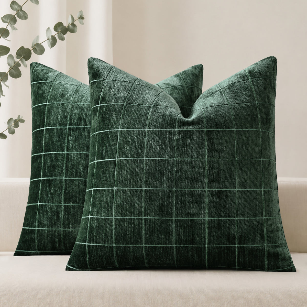 decorUhome Chenille Plaid Throw Pillow Covers 18x18 Set of 2