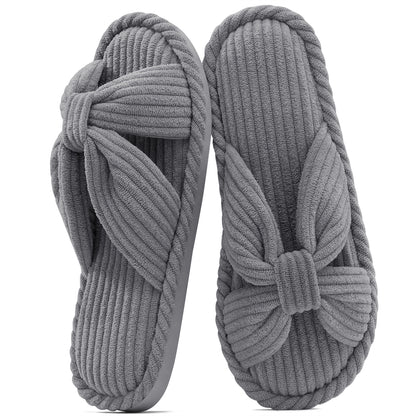 shevalues Memory Foam Slippers for Women Open Toe Indoor House Shoes | Soft Breathable Corduroy, Cross Bow, Non-Slip Sole, Slip On, Comfortable, Cushioning, Lightweight, Machine Washable