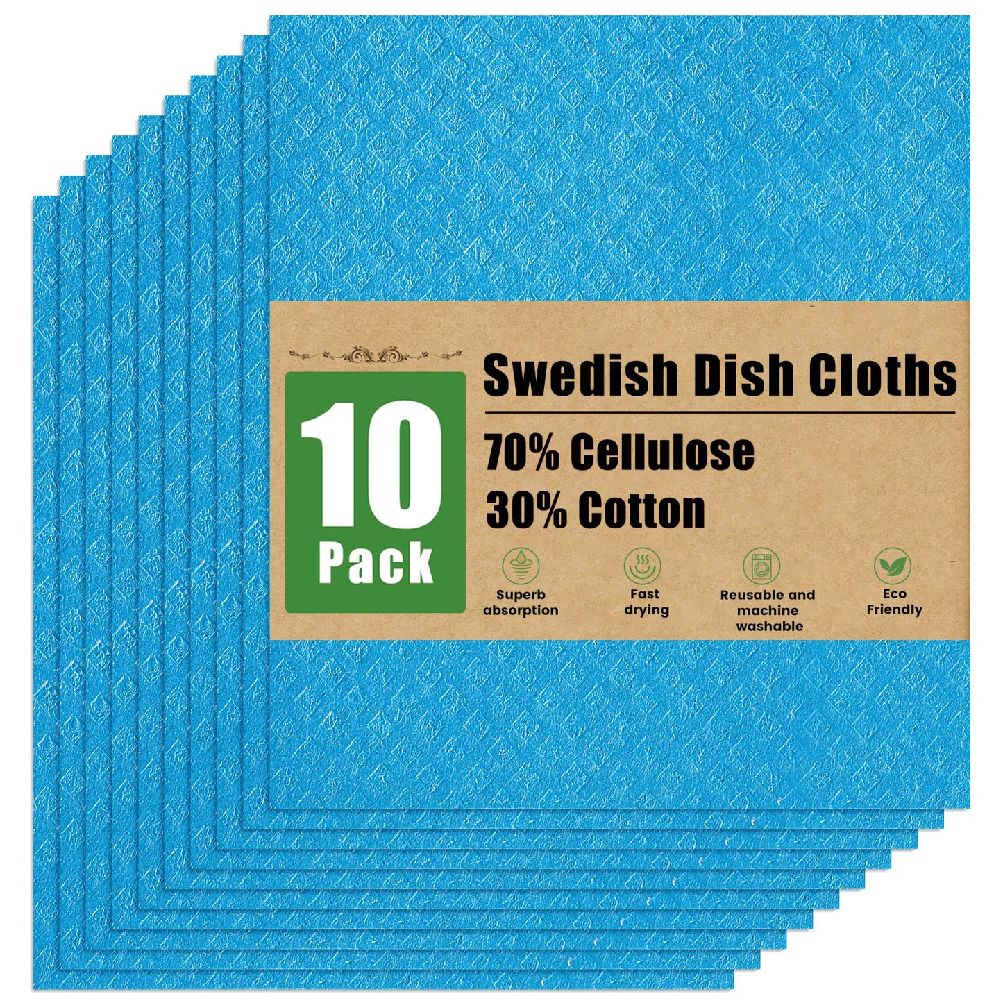 decorUhome Swedish Dishcloths for Kitchen 10 Pack Washable Dish Cloths Reusable Absorbent Cellulose Sponge Cloths, Assorted