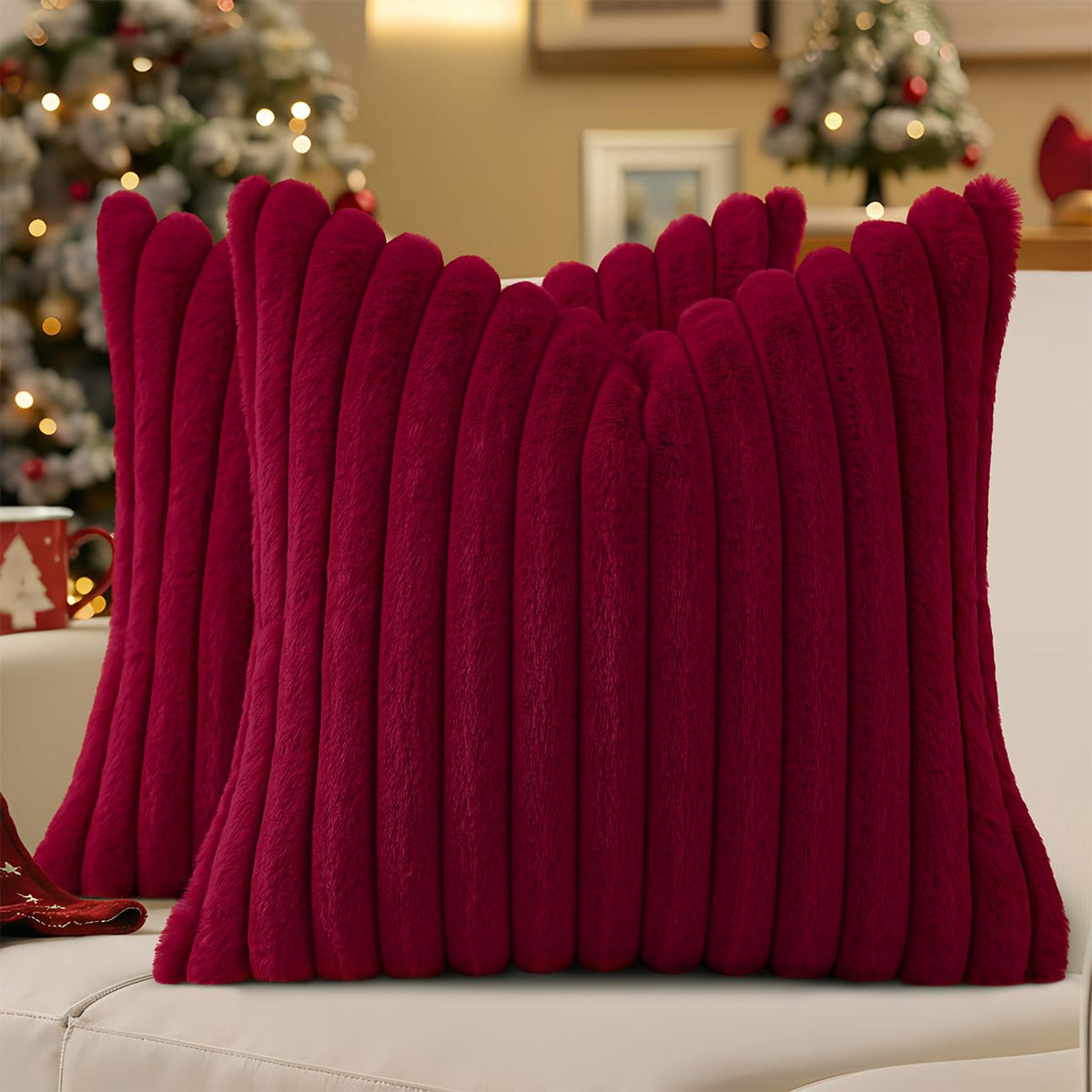 Smile Bee Faux Fur Plush Decorative Throw Pillow Covers Set of 2