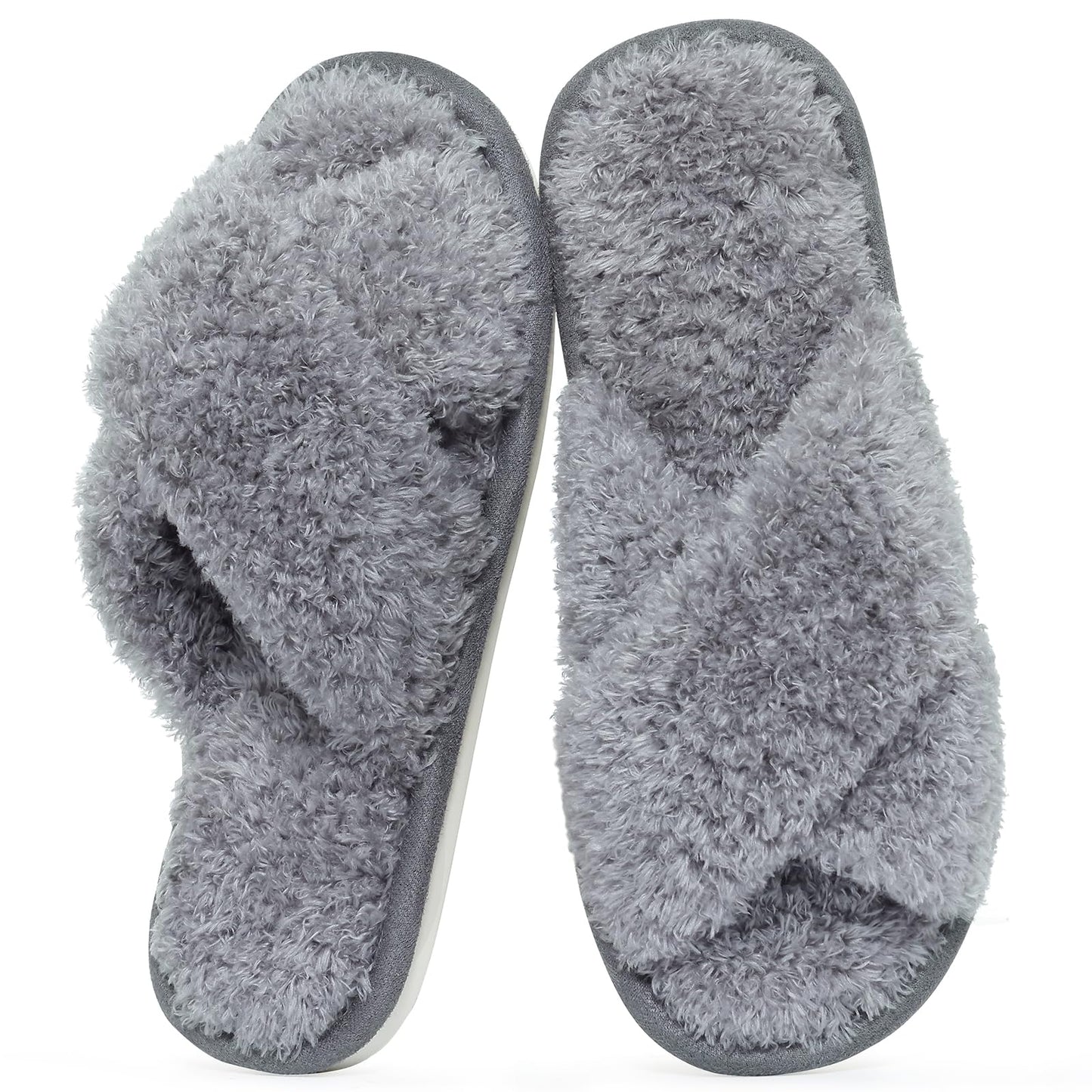 Comwarm Fuzzy Slide Slippers for Women, Cross Band Memory Foam Open Toe House Shoes