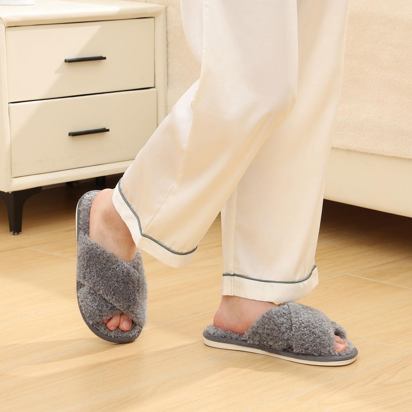 Comwarm Fuzzy Slide Slippers for Women, Cross Band Memory Foam Open Toe House Shoes