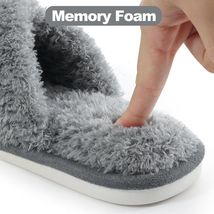 Comwarm Fuzzy Slide Slippers for Women, Cross Band Memory Foam Open Toe House Shoes