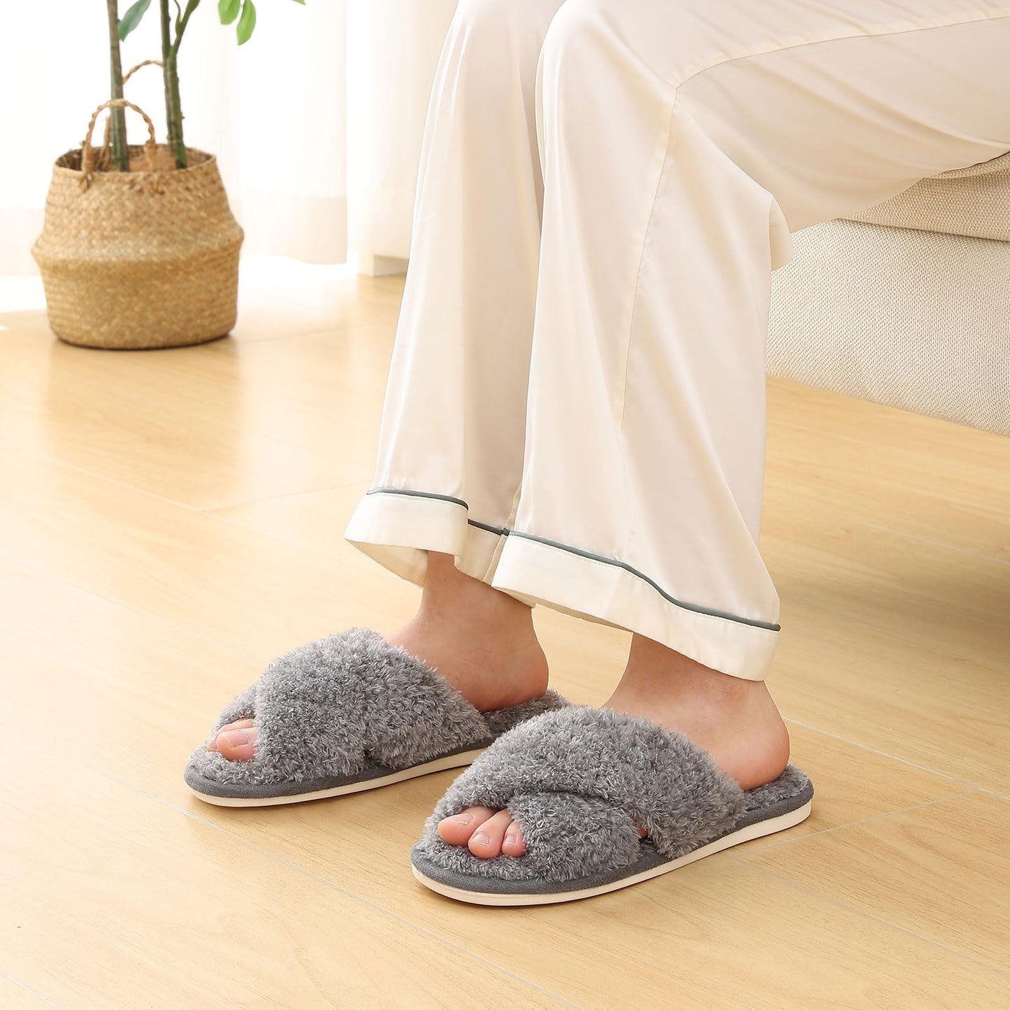 Comwarm Fuzzy Slide Slippers for Women, Cross Band Memory Foam Open Toe House Shoes