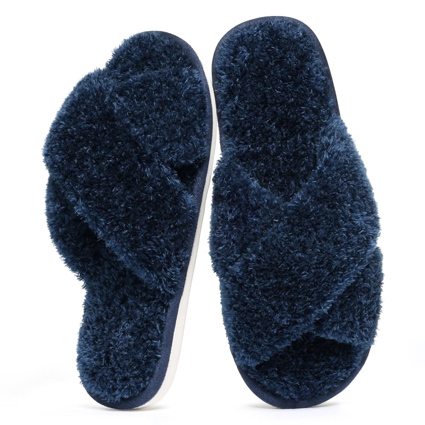Comwarm Fuzzy Slide Slippers for Women, Cross Band Memory Foam Open Toe House Shoes, Black