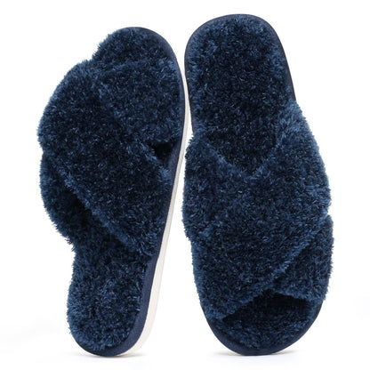 Comwarm Fuzzy Slide Slippers for Women, Cross Band Memory Foam Open Toe House Shoes, Black