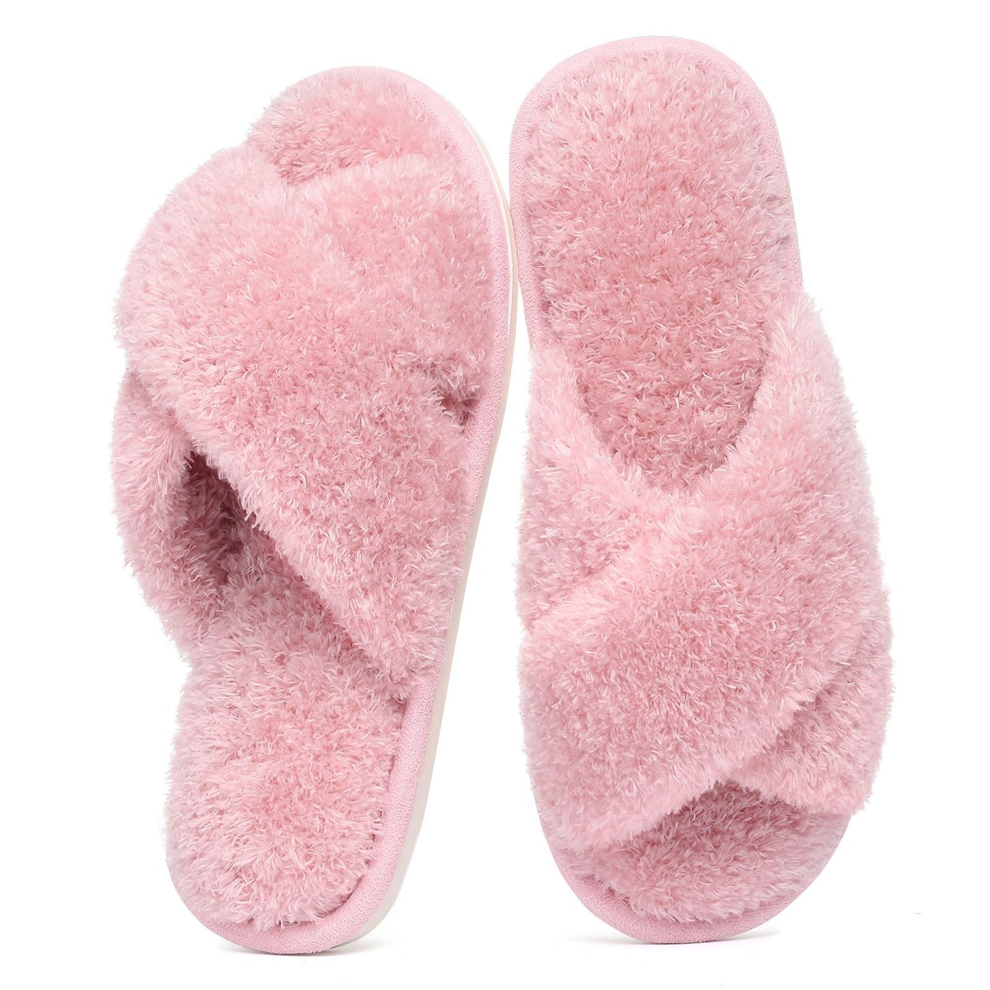 Comwarm Fuzzy Slide Slippers for Women, Cross Band Memory Foam Open Toe House Shoes, Black