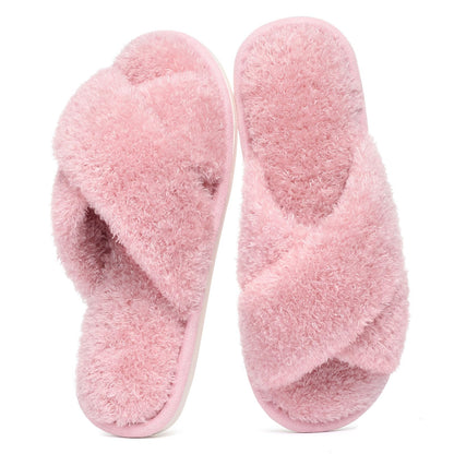 Comwarm Fuzzy Slide Slippers for Women, Cross Band Memory Foam Open Toe House Shoes, Black
