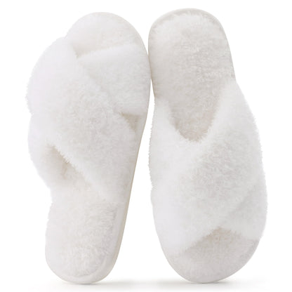 Comwarm Fuzzy Slide Slippers for Women, Cross Band Memory Foam Open Toe House Shoes, Black