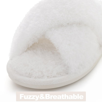 Comwarm Fuzzy Slide Slippers for Women, Cross Band Memory Foam Open Toe House Shoes, Black