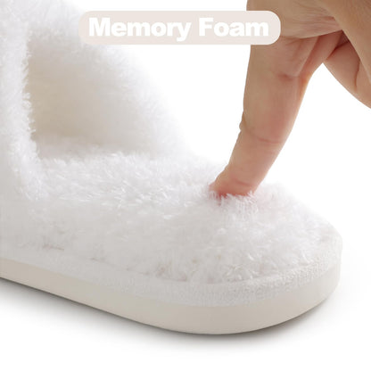 Comwarm Fuzzy Slide Slippers for Women, Cross Band Memory Foam Open Toe House Shoes, Black