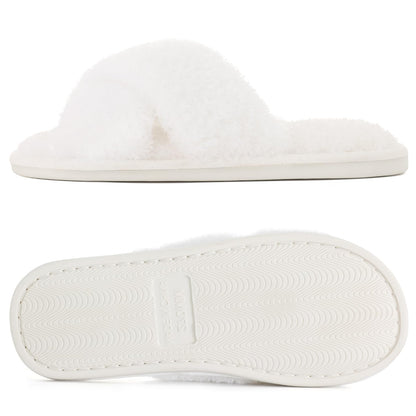 Comwarm Fuzzy Slide Slippers for Women, Cross Band Memory Foam Open Toe House Shoes, Black