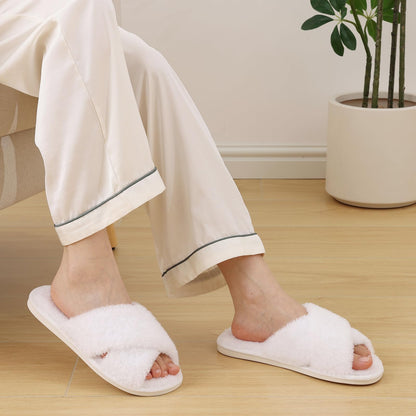 Comwarm Fuzzy Slide Slippers for Women, Cross Band Memory Foam Open Toe House Shoes, Black