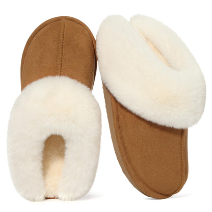Comwarm Fuzzy House Slippers for Women Fluffy Memory Foam Suede Slippers with Faux Fur Collar Indoor Outdoor