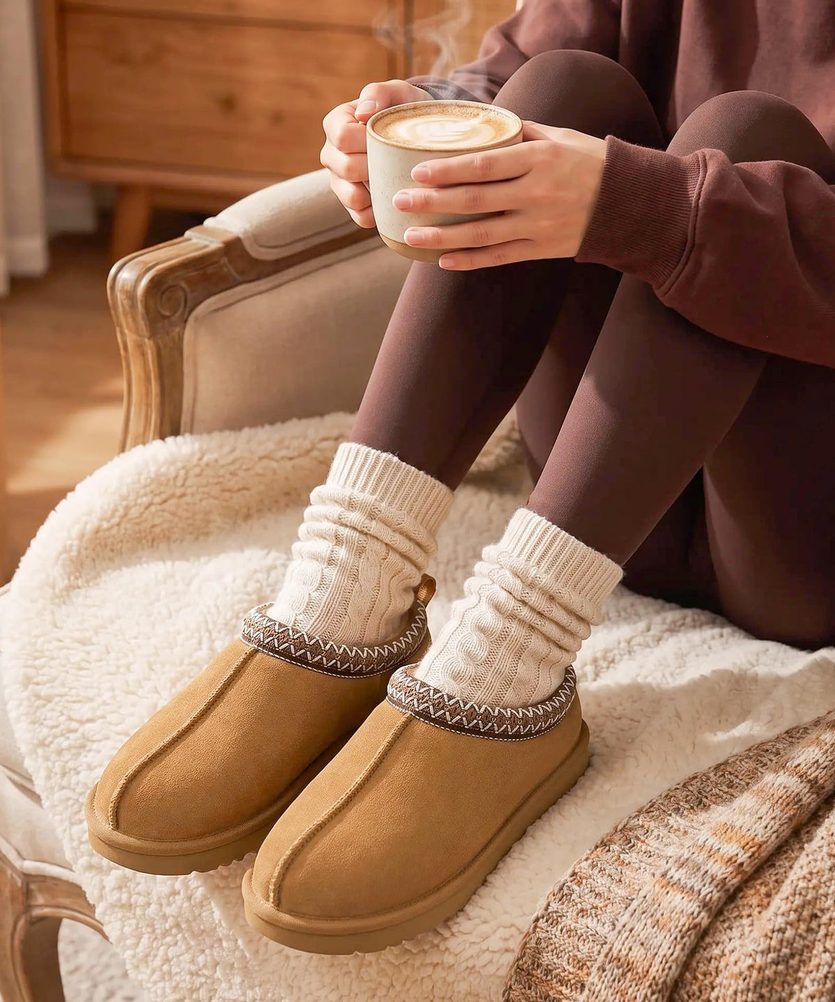 bebealy Genuine Suede Fuzzy Slippers for Women Winter Warm House Shoes