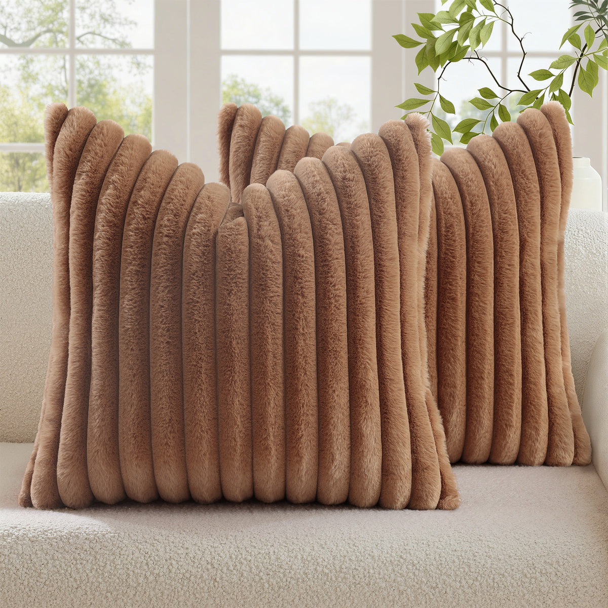 Smile Bee Faux Fur Plush Decorative Throw Pillow Covers Set of 2